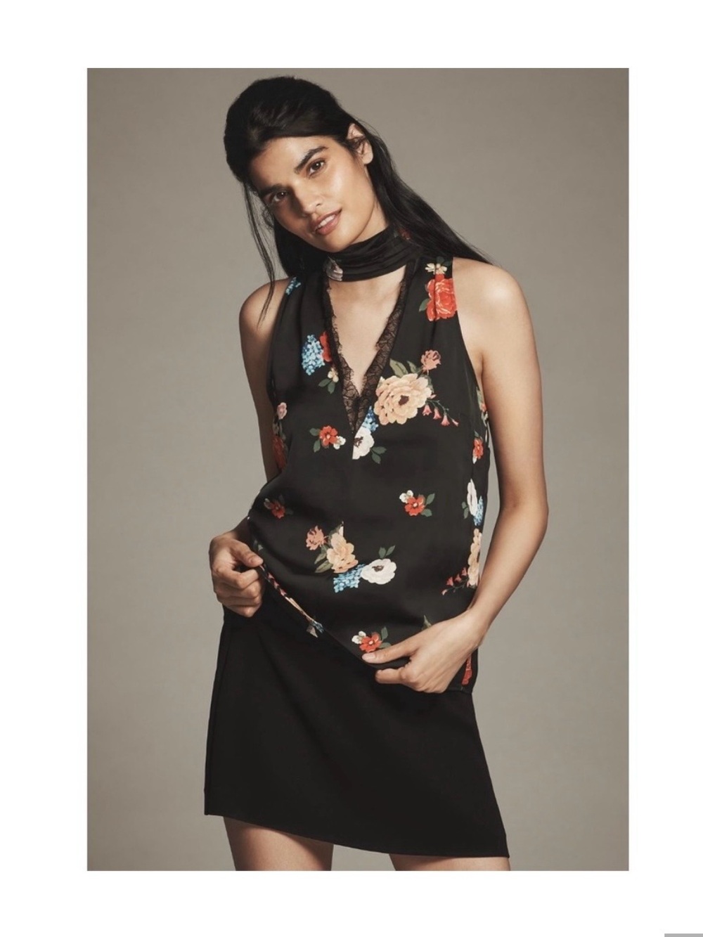 Anthropologie Black Floral Halter Tank size M